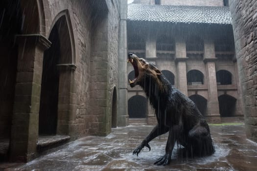 Ape-like creatures are awe-inspiring and ferocious fantastic animals that symbolize strength and aggression. In this dramatic scene, a massive creature can be seen roaring in a medieval castle courtyard during a rainstorm, creating a gothic and menacing ambiance. The dark colors, close-up perspective and ferocity of the creature add to the scary and powerful feeling of the scene. (generative AI)