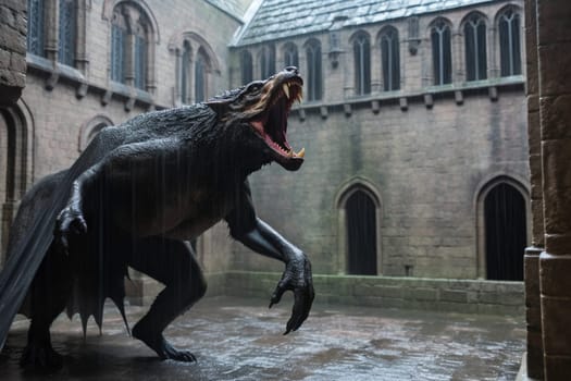 Ape-like creatures are awe-inspiring and ferocious fantastic animals that symbolize strength and aggression. In this dramatic scene, a massive creature can be seen roaring in a medieval castle courtyard during a rainstorm, creating a gothic and menacing ambiance. The dark colors, close-up perspective and ferocity of the creature add to the scary and powerful feeling of the scene. (generative AI)