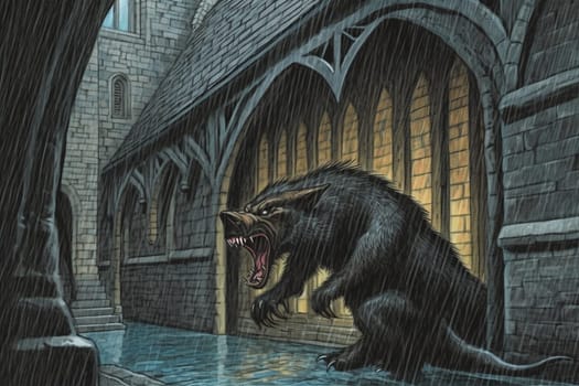 Ape-like creatures are awe-inspiring and ferocious fantastic animals that symbolize strength and aggression. In this dramatic scene, a massive creature can be seen roaring in a medieval castle courtyard during a rainstorm, creating a gothic and menacing ambiance. The dark colors, close-up perspective and ferocity of the creature add to the scary and powerful feeling of the scene. (generative AI)