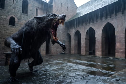 Ape-like creatures are awe-inspiring and ferocious fantastic animals that symbolize strength and aggression. In this dramatic scene, a massive creature can be seen roaring in a medieval castle courtyard during a rainstorm, creating a gothic and menacing ambiance. The dark colors, close-up perspective and ferocity of the creature add to the scary and powerful feeling of the scene. (generative AI)