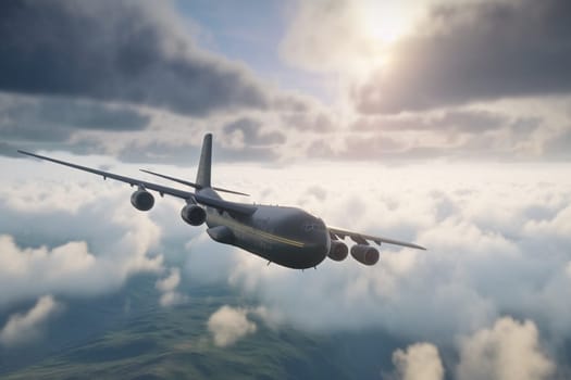 A colossal cargo plane soars through the clouds, its powerful engines propelling it forward as it carries its heavy payload to destinations all over the world. The plane's massive size and impressive speed make it a behemoth of modern aviation. (generative AI)