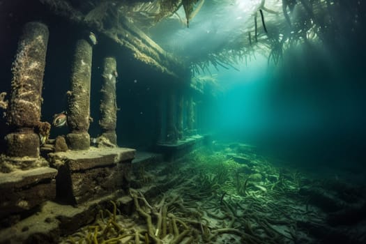 A photographer dives deep beneath the waves to capture the haunting beauty of a mysterious ancient ruin. The architecture is ornate and intricate, with hidden chambers and secrets waiting to be discovered. The photographer uses soft lighting to bring out the rich detail of this historic underwater landscape. (generative AI)