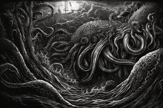 The kraken is a legendary sea creature known for its enormous size and power. In this image, the kraken is rising from the depths of the ocean during a storm, with its tentacles reaching out towards the sky, creating a dark and intense scene that is both eerie and dramatic. (generative AI)