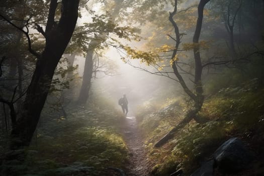 A man hikes through a misty forest at dawn, surrounded by the mystical beauty of nature. The dreamy, atmospheric surroundings create a serene and warm atmosphere, perfect for an adventurous hike. The mist adds to the mystery and intrigue of the scene, evoking feelings of wonder and appreciation. This photo can evoke feelings of adventure, awe, and inspiration. (generative AI)