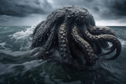 The kraken is a legendary sea creature known for its enormous size and power. In this image, the kraken is rising from the depths of the ocean during a storm, with its tentacles reaching out towards the sky, creating a dark and intense scene that is both eerie and dramatic. (generative AI)