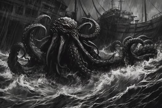 The kraken is a legendary sea creature known for its enormous size and power. In this image, the kraken is rising from the depths of the ocean during a storm, with its tentacles reaching out towards the sky, creating a dark and intense scene that is both eerie and dramatic. (generative AI)