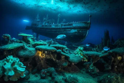 This eerie seascape features a shipwreck surrounded by ethereal and bioluminescent sea creatures. The surreal and mysterious atmosphere is enhanced by the neon and glow-in-the-dark tones, which draw the viewer deeper into the scene. (generative AI)