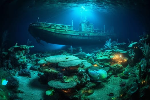 This eerie seascape features a shipwreck surrounded by ethereal and bioluminescent sea creatures. The surreal and mysterious atmosphere is enhanced by the neon and glow-in-the-dark tones, which draw the viewer deeper into the scene. (generative AI)
