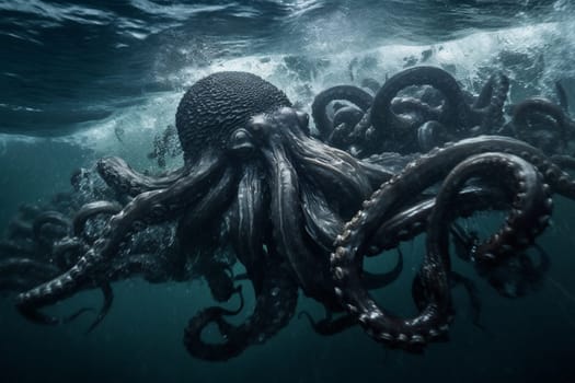 The kraken is a legendary sea creature known for its enormous size and power. In this image, the kraken is rising from the depths of the ocean during a storm, with its tentacles reaching out towards the sky, creating a dark and intense scene that is both eerie and dramatic. (generative AI)