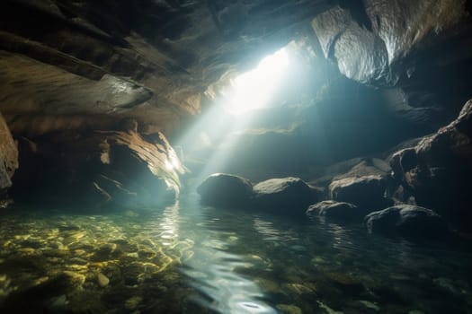 This sea cave is a wonder of nature, with crystal-clear water illuminated by sunlight filtering through the rocks above. The misty, abstract quality of this photograph creates an ethereal atmosphere, while the shallow depth of field and soft focus add to the sense of tranquility and calm. (generative AI)