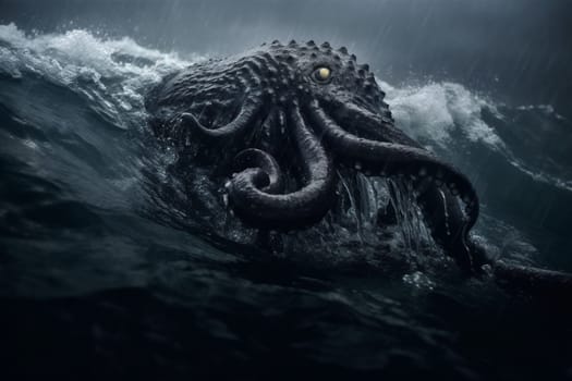 The kraken is a legendary sea creature known for its enormous size and power. In this image, the kraken is rising from the depths of the ocean during a storm, with its tentacles reaching out towards the sky, creating a dark and intense scene that is both eerie and dramatic. (generative AI)