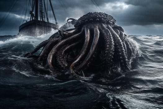 The kraken is a legendary sea creature known for its enormous size and power. In this image, the kraken is rising from the depths of the ocean during a storm, with its tentacles reaching out towards the sky, creating a dark and intense scene that is both eerie and dramatic. (generative AI)