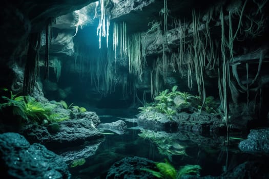This underwater cave system is an otherworldly experience. The bioluminescent flora and fauna create a mystical atmosphere, with glowing blue hues and a sense of awe. Capturing this beauty requires specialized underwater photography equipment and techniques. (generative AI)