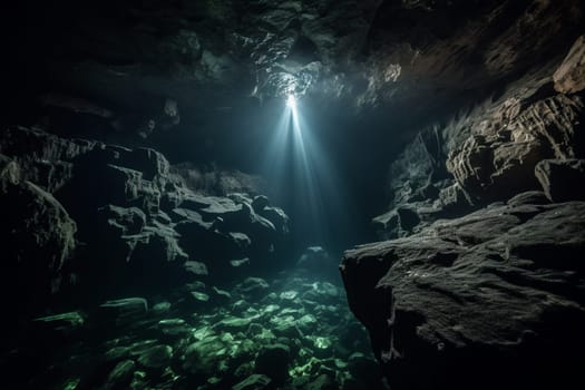 Journey deep beneath the ocean's surface and explore a mysterious underwater cavern shrouded in darkness. The low light creates an eerie atmosphere, while the sharp focus captures every twist and turn of this fascinating landscape. (generative AI)