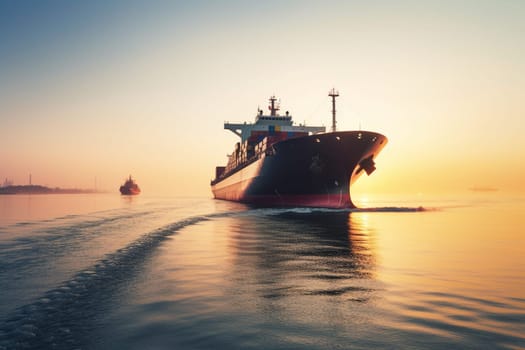 A massive container ship enters a bustling port at dawn, its towering metal structures reflecting beautifully in the calm waters. The ship carries goods from around the world, and the port is a hub of activity as goods are loaded and unloaded. The sunrise adds a magical and serene quality to the scene. (generative AI)