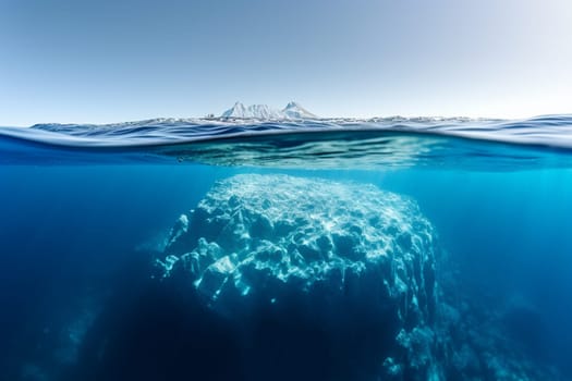 This massive iceberg, floating alone in the middle of the ocean, is a serene and minimalistic landscape. With crystal-clear waters surrounding the scene, the bright and clear image is created by the sharp focus and wide-angle composition that lends a sense of grandeur to the overlooked beauty of ice formations. (generative AI)