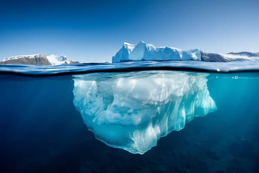 This massive iceberg, floating alone in the middle of the ocean, is a serene and minimalistic landscape. With crystal-clear waters surrounding the scene, the bright and clear image is created by the sharp focus and wide-angle composition that lends a sense of grandeur to the overlooked beauty of ice formations. (generative AI)