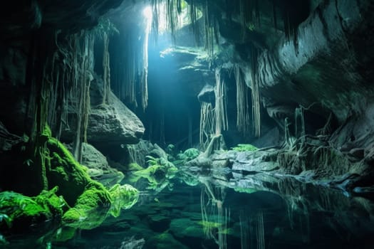 This underwater cave system is an otherworldly experience. The bioluminescent flora and fauna create a mystical atmosphere, with glowing blue hues and a sense of awe. Capturing this beauty requires specialized underwater photography equipment and techniques. (generative AI)