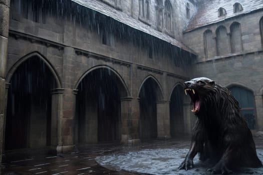 Ape-like creatures are awe-inspiring and ferocious fantastic animals that symbolize strength and aggression. In this dramatic scene, a massive creature can be seen roaring in a medieval castle courtyard during a rainstorm, creating a gothic and menacing ambiance. The dark colors, close-up perspective and ferocity of the creature add to the scary and powerful feeling of the scene. (generative AI)