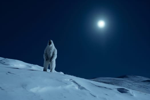 The yeti, a legendary creature of the high Himalayas, can be seen standing on top of a snowy mountain, howling at the full moon. The barren and chilling atmosphere of the snowy mountain creates a majestic and captivating scene, while the high contrast of the dark yeti and the bright full moon adds a sense of drama and intensity. (generative AI)