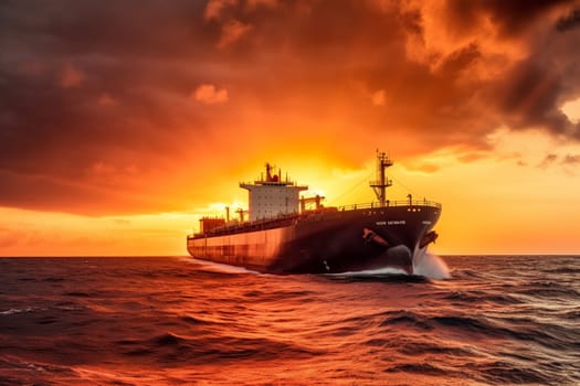 The giant and imposing structure of an oil tanker makes its way through a fiery and vibrant sunset over the ocean, in full monochrome contrast. The colossal vessel creates a sense of industrial strength as it plows through the rough and quiet ocean waters. (generative AI)