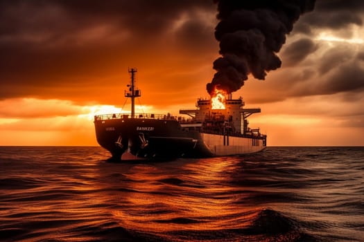 The giant and imposing structure of an oil tanker makes its way through a fiery and vibrant sunset over the ocean, in full monochrome contrast. The colossal vessel creates a sense of industrial strength as it plows through the rough and quiet ocean waters. (generative AI)