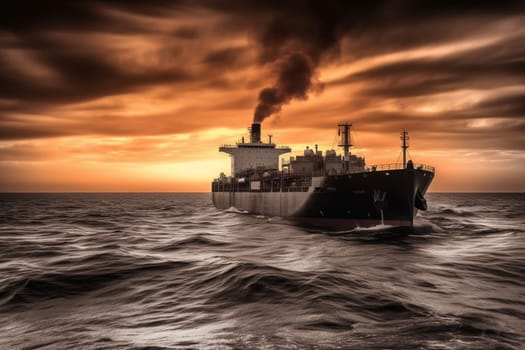 The giant and imposing structure of an oil tanker makes its way through a fiery and vibrant sunset over the ocean, in full monochrome contrast. The colossal vessel creates a sense of industrial strength as it plows through the rough and quiet ocean waters. (generative AI)