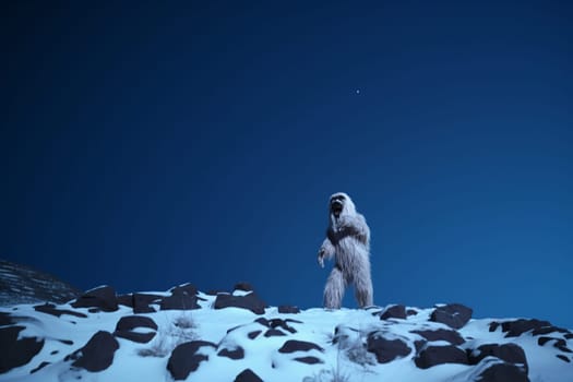 The yeti, a legendary creature of the high Himalayas, can be seen standing on top of a snowy mountain, howling at the full moon. The barren and chilling atmosphere of the snowy mountain creates a majestic and captivating scene, while the high contrast of the dark yeti and the bright full moon adds a sense of drama and intensity. (generative AI)