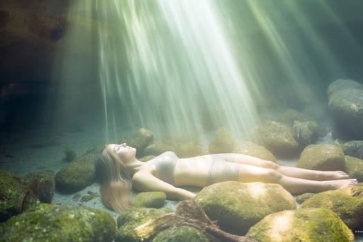 One of the most enchanting mythological creatures, the mermaid is half-human and half-fish. In this dreamy scene, a mermaid basks in the sunlight on a hidden beach, creating an ethereal and magical display of beauty and wonder. (generative AI)