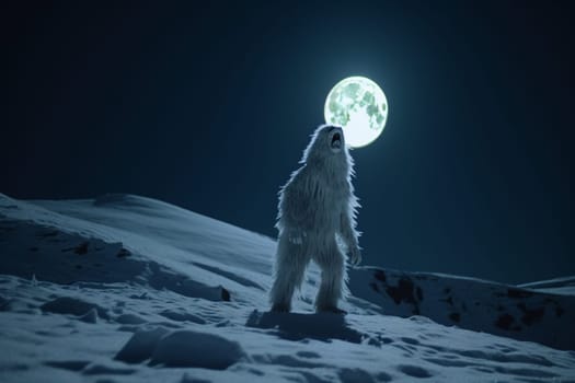 The yeti, a legendary creature of the high Himalayas, can be seen standing on top of a snowy mountain, howling at the full moon. The barren and chilling atmosphere of the snowy mountain creates a majestic and captivating scene, while the high contrast of the dark yeti and the bright full moon adds a sense of drama and intensity. (generative AI)