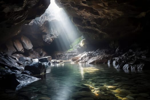 This sea cave is a wonder of nature, with crystal-clear water illuminated by sunlight filtering through the rocks above. The misty, abstract quality of this photograph creates an ethereal atmosphere, while the shallow depth of field and soft focus add to the sense of tranquility and calm. (generative AI)