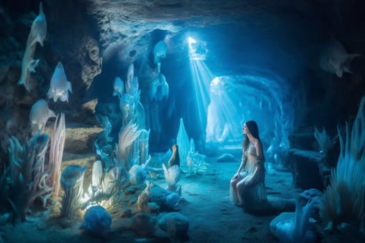 A mermaid is a mystical creature that is half-human and half-fish. This beautiful mermaid can be seen in a luminous underwater cave surrounded by sea creatures, creating a magical and surreal scene that evokes a sense of awe and wonder. (generative AI)