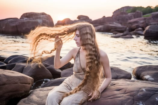 The mermaid is a legendary aquatic creature with the upper body of a human and the tail of a fish. This whimsical being can be seen sitting on a rocky shore, combing her hair as the sun sets in the distance. The shot has a dreamy oceanic feel with soft focus and sunset tones. (generative AI)