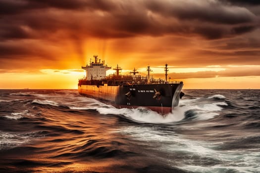 The giant and imposing structure of an oil tanker makes its way through a fiery and vibrant sunset over the ocean, in full monochrome contrast. The colossal vessel creates a sense of industrial strength as it plows through the rough and quiet ocean waters. (generative AI)