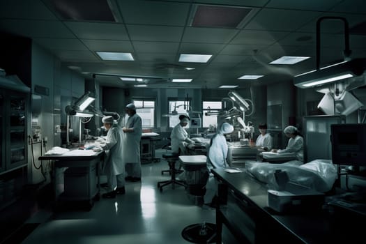 Enter the world of medical research with this stunning photo scene of a team working on the latest breakthroughs in treatments for disease. Against a backdrop of clinical technology and neutral tones, the team works with dedication and focus, striving to cure some of the world's most challenging illnesses. With natural posing and dramatic lighting, this scene captures the essence of the medical research community. (generative AI)
