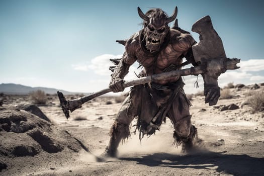 The minotaur is a mythical creature that is part human and part bull. This ferocious and dangerous beast can be seen charging through a desolate wasteland with a battle axe, creating a post-apocalyptic and gritty scene that is both thrilling and terrifying. (generative AI)
