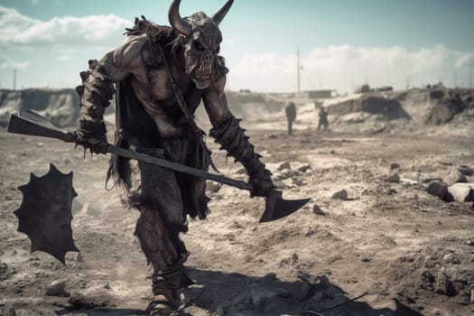 The minotaur is a mythical creature that is part human and part bull. This ferocious and dangerous beast can be seen charging through a desolate wasteland with a battle axe, creating a post-apocalyptic and gritty scene that is both thrilling and terrifying. (generative AI)