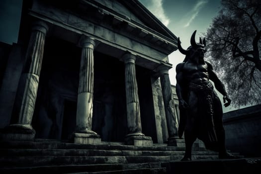 The minotaur, a creature of ancient mythology, stands guard outside an ancient temple. The dark and gothic atmosphere, combined with the beautiful and intricate architecture, creates a scene that is both mythical and mesmerizing. The high contrast photography adds a layer of intensity to the already powerful image. (generative AI)