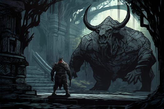The minotaur, a creature of ancient mythology, stands guard outside an ancient temple. The dark and gothic atmosphere, combined with the beautiful and intricate architecture, creates a scene that is both mythical and mesmerizing. The high contrast photography adds a layer of intensity to the already powerful image. (generative AI)