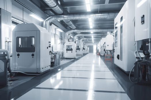 Automotive engineering takes on an elevated status in this modern plant, where unimpeachable cleanliness and highly advanced machinery manufacture products destined for global distribution. The factory uses cutting-edge automation processes and advanced robotic technology to facilitate the rapid, efficient and precise manufacture of products. Inspired design and control systems aid in the rapid decision-making that is essential in today's competitive business environment. (generative AI)