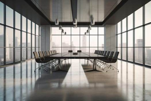 The ideal setting for important business meetings and decision making - this stunning conference room is both contemporary and approachable. Sleek lines, tidy finishes and minimalistic design ensure that the focus remains on the task at hand. The room is bathed in natural light from expansive floor-to-ceiling windows, forging a connection to the outer world beyond the confines of the meeting space. (generative AI)