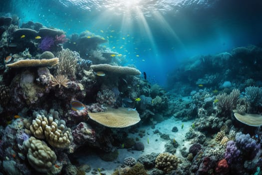 Dive into an underwater world of wonder where a stunning coral reef is home to a vast array of marine life. The photorealistic rendering captures the vibrant colors and intricate details of the coral formations, while the sharp focus brings the scene to life. (generative AI)