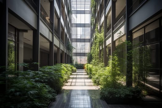 This modern office building is an oasis in the middle of the city. The enclosed courtyard with greenery provides a peaceful escape from the hustle and bustle of the outside world. (generative AI)
