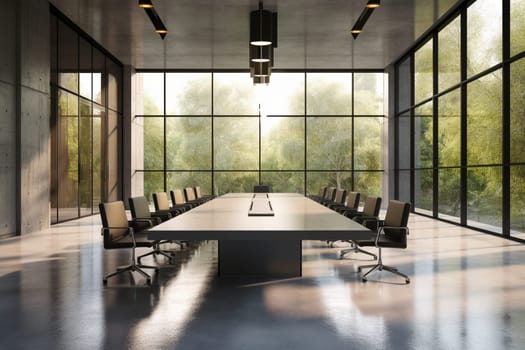 The ideal setting for important business meetings and decision making - this stunning conference room is both contemporary and approachable. Sleek lines, tidy finishes and minimalistic design ensure that the focus remains on the task at hand. The room is bathed in natural light from expansive floor-to-ceiling windows, forging a connection to the outer world beyond the confines of the meeting space. (generative AI)