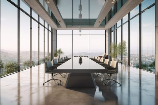 The ideal setting for important business meetings and decision making - this stunning conference room is both contemporary and approachable. Sleek lines, tidy finishes and minimalistic design ensure that the focus remains on the task at hand. The room is bathed in natural light from expansive floor-to-ceiling windows, forging a connection to the outer world beyond the confines of the meeting space. (generative AI)
