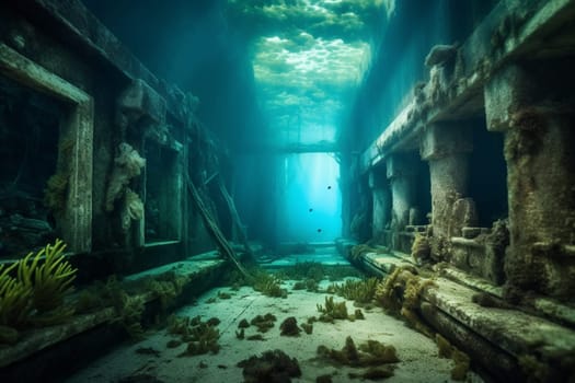 A photographer dives deep beneath the waves to capture the haunting beauty of a mysterious ancient ruin. The architecture is ornate and intricate, with hidden chambers and secrets waiting to be discovered. The photographer uses soft lighting to bring out the rich detail of this historic underwater landscape. (generative AI)