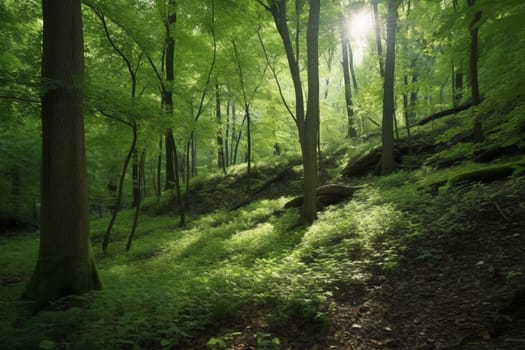 A tranquil oasis in the heart of the forest, this clearing glows with the soft light of the sun filtering down through the leaves. The scene is vertical and cool, with a calming green hue and leafy texture. This scene can evoke feelings of peace, serenity and zen-like calm. (generative AI)