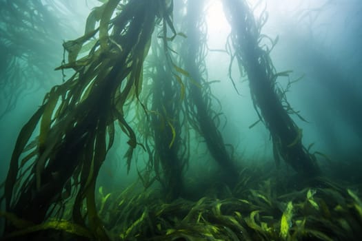 The mysterious beauty of this kelp forest is awe-inspiring, with the swaying fronds creating a hazy, dreamlike atmosphere. The peacefulness of the underwater scene is perfectly captured in this abstract, soft focus photograph. (generative AI)