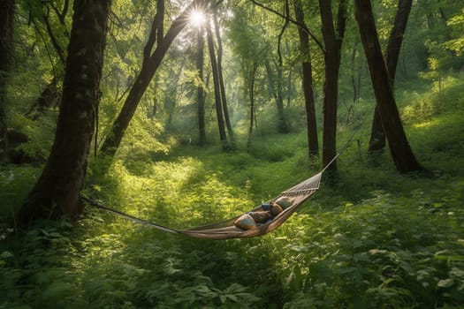 In the middle of a lush forest, there is a tranquil clearing where a hammock is hanging between two trees. The dappled sunlight filters through the trees, casting a warm glow over the peaceful scene. This is a perfect spot to relax, unwind, and feel one with nature. (generative AI)
