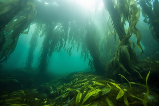 The mysterious beauty of this kelp forest is awe-inspiring, with the swaying fronds creating a hazy, dreamlike atmosphere. The peacefulness of the underwater scene is perfectly captured in this abstract, soft focus photograph. (generative AI)